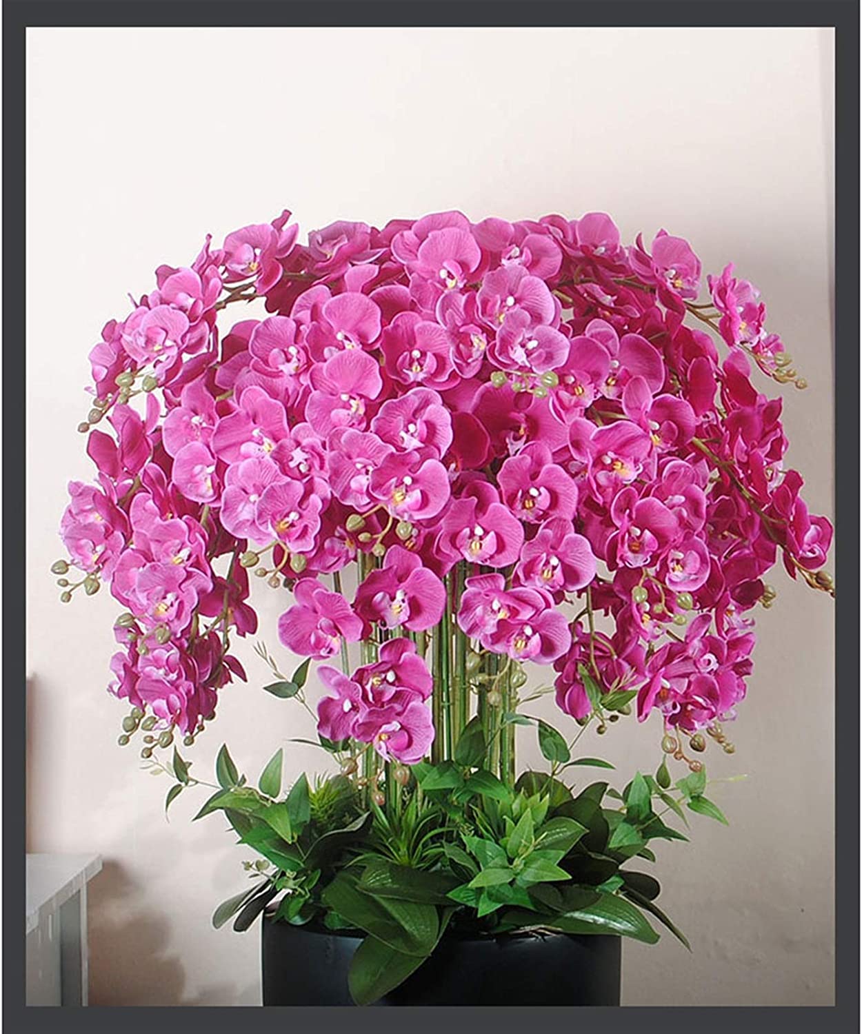HRTC Ramo de arreglo de Flores de Phalaenopsis Artificiales Grandes con jarrón Negro, decoración de Flores Artificiales, orquídeas de imitación para Interiores