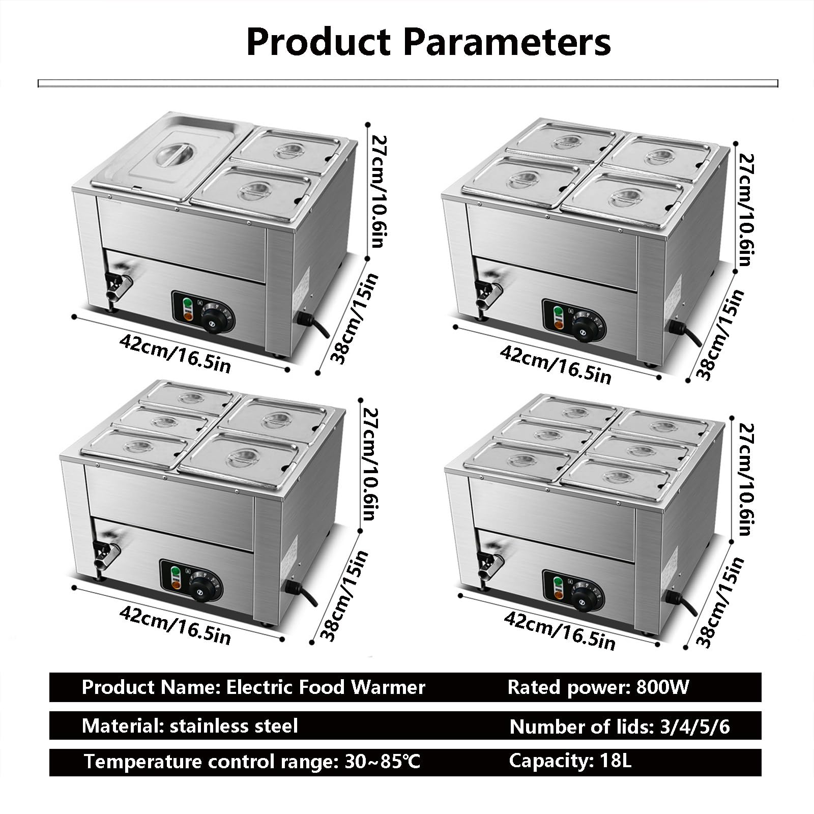 Calentadores de alimentos comerciales, mesa de vapor de acero inoxidable de 800 W para derretir y calentar, calentadores de alimentos portátiles con 6 tapas para grandes reuniones y fiestas
