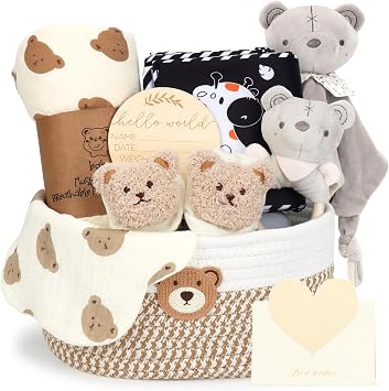 Newborn Baby Gift Basket - Baby Hamper Set with Cotton Rope Basket, Fabric Book, Comforter & Swaddle Blanket, Socks, Rattle, Bib, Milestone Cards - Unisex Baby Shower Gifts for Boy, Girl, New Mum