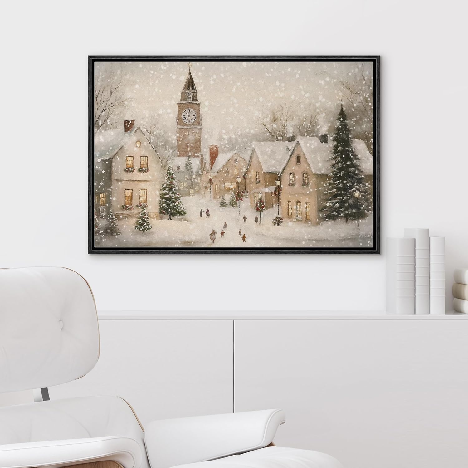 wall26 Framed Canvas Print Wall Art Charming Snowy Town Square Christmas Village with Clock Tower Illustration Modern Art for Living Room, Bedroom, Office - 16"x24" Black