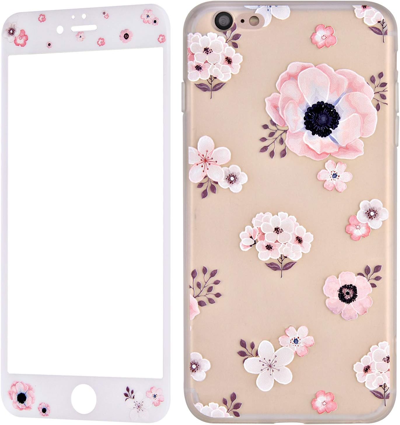 Wafly iPhone 7 Case and Screen Protector, iPhone 8 Silicone Case Flowers, Floral Slim Soft TPU Bumper Protective Cover+9H Temper Glass Screen Protector [Full Cover] for iPhone 8/7, 4,7''-Women Girls