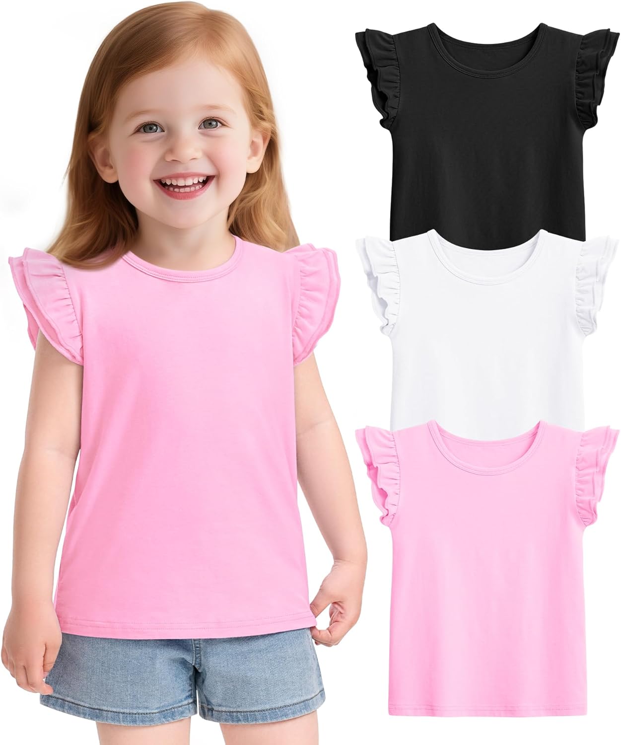 Witwot 3 Pack Toddler Girl Shirts Cotton Baby Girls Ruffle Sleeve Tee Cute Blouse Tops Size 2T - 7Years
