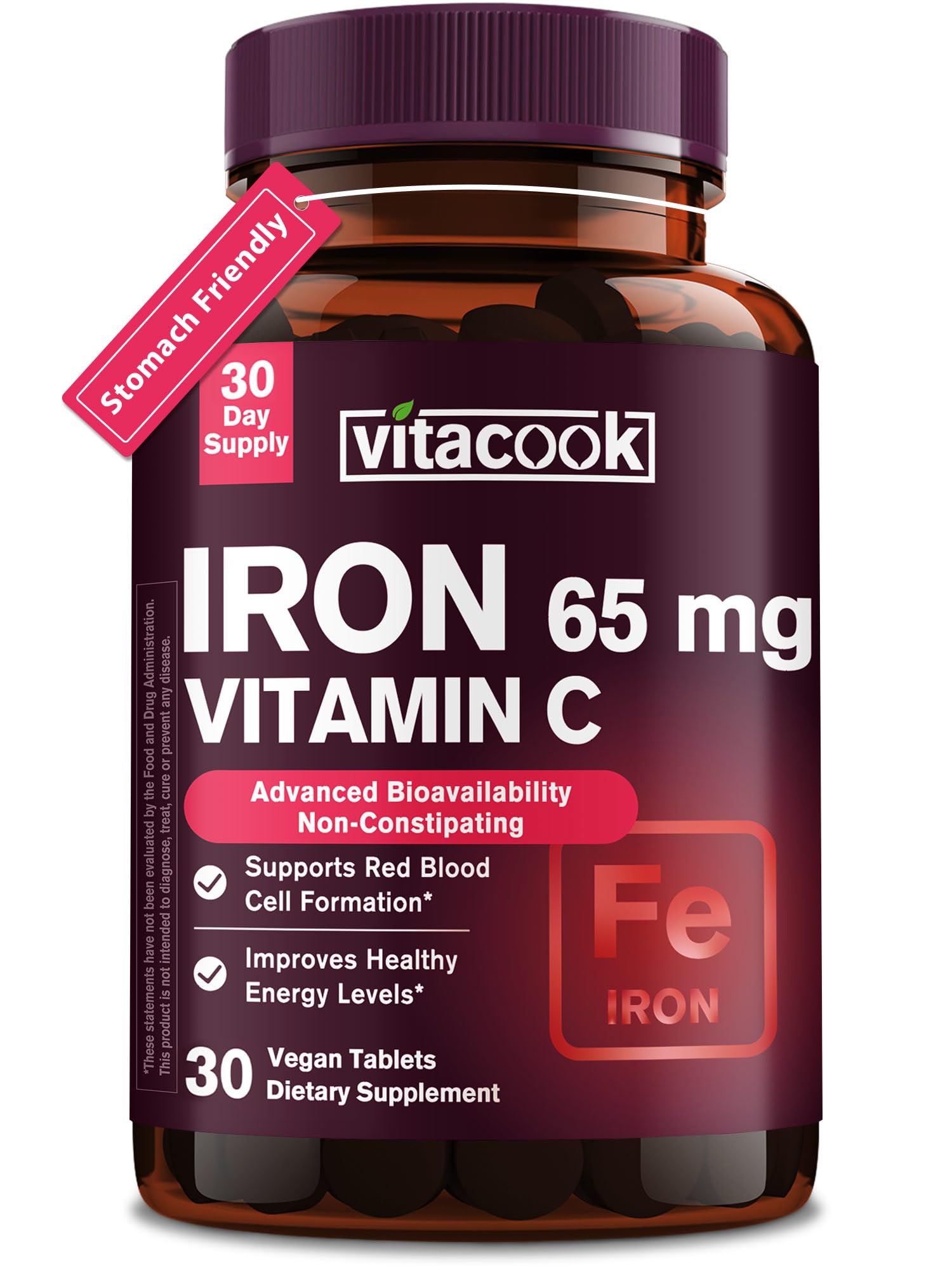 Iron Supplement for Women Men, High Potency Iron 65mg with Vitamin C 250mg, Slow Release Stomach Friendly Iron Pills, Vegan, Non-GMO, No Gluten, 30 Tablets