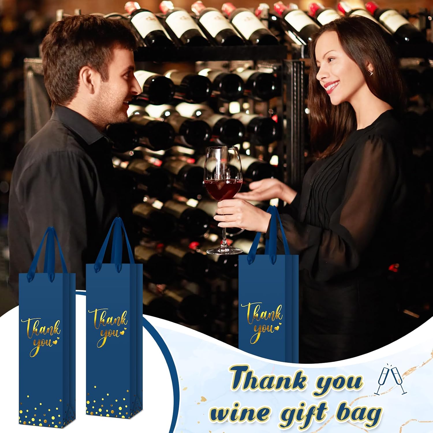 Ctosree 30 Pcs Wine Bottle Gift Bag with Handle 4.3x3.5x13.7 Liquor Paper Bag for Thank You Favor Gold Foil Kraft Whiskey Tote Carrier for Graduation Party Wedding Birthday(Business Blue)