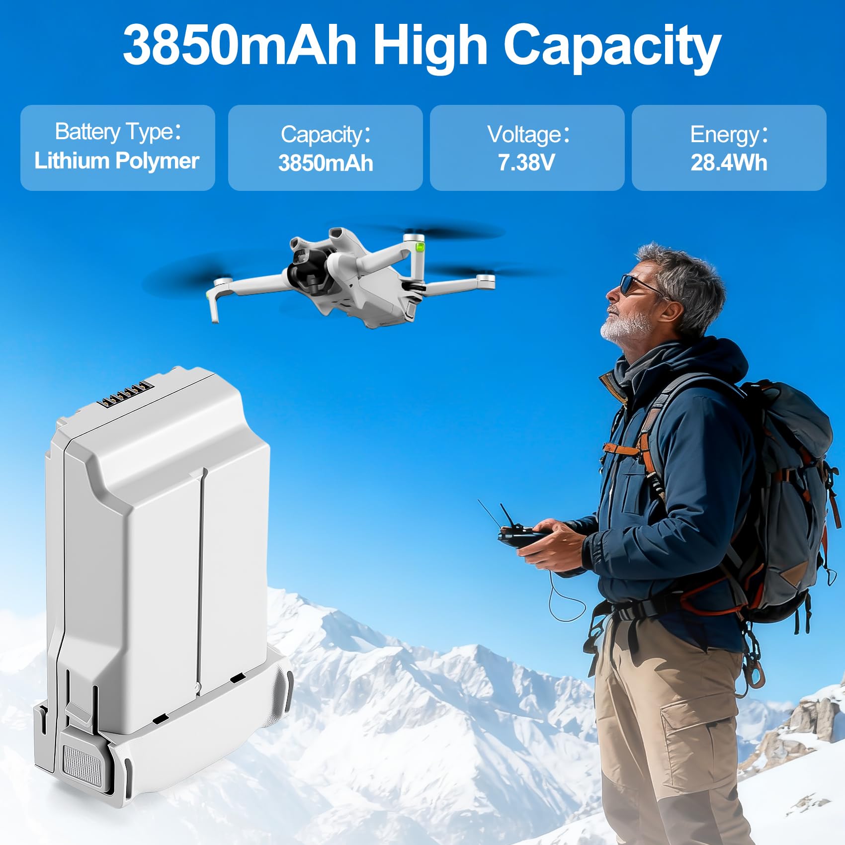 1 Pack 3850 mAh Mini 3 Batterie,47 à 51 Minutes de Temps de vol Maximum, Batterie de vol Intelligente Plus pour DJI Mini 3/3 Pro/4 Pro Batterie de Rechange Haute capacité avec système BMS