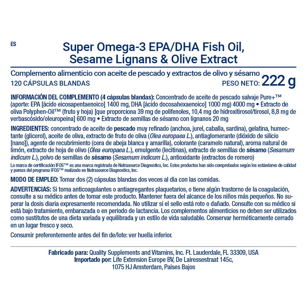 Life Extension - Super Omega-3 EPA/DHA 120 Cápsulas - Lignanos de Sésamo, Extracto de Oliva - Omega-3 de Alta Potencia para la Salud del Corazón y el Cerebro
