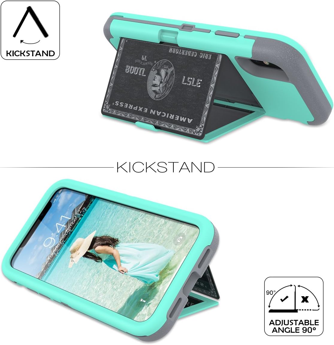 WeLoveCase iPhone X/XS Wallet Case Defender Wallet Design with Hidden Back Mirror and Card Holder 3 in 1 Hybrid Heavy Duty Protection Shockproof Armor Protective Case for iPhone X/XS - Mint