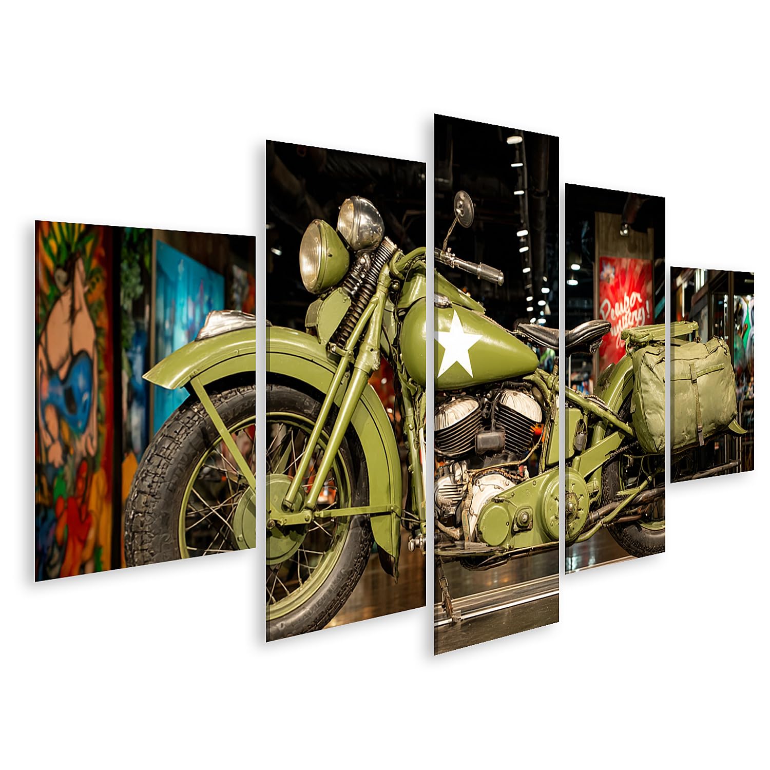 islandburner Bild auf Leinwand Olivegrünes WWII Motorrad mit Gepäckträger für Sammler - 5-teilig