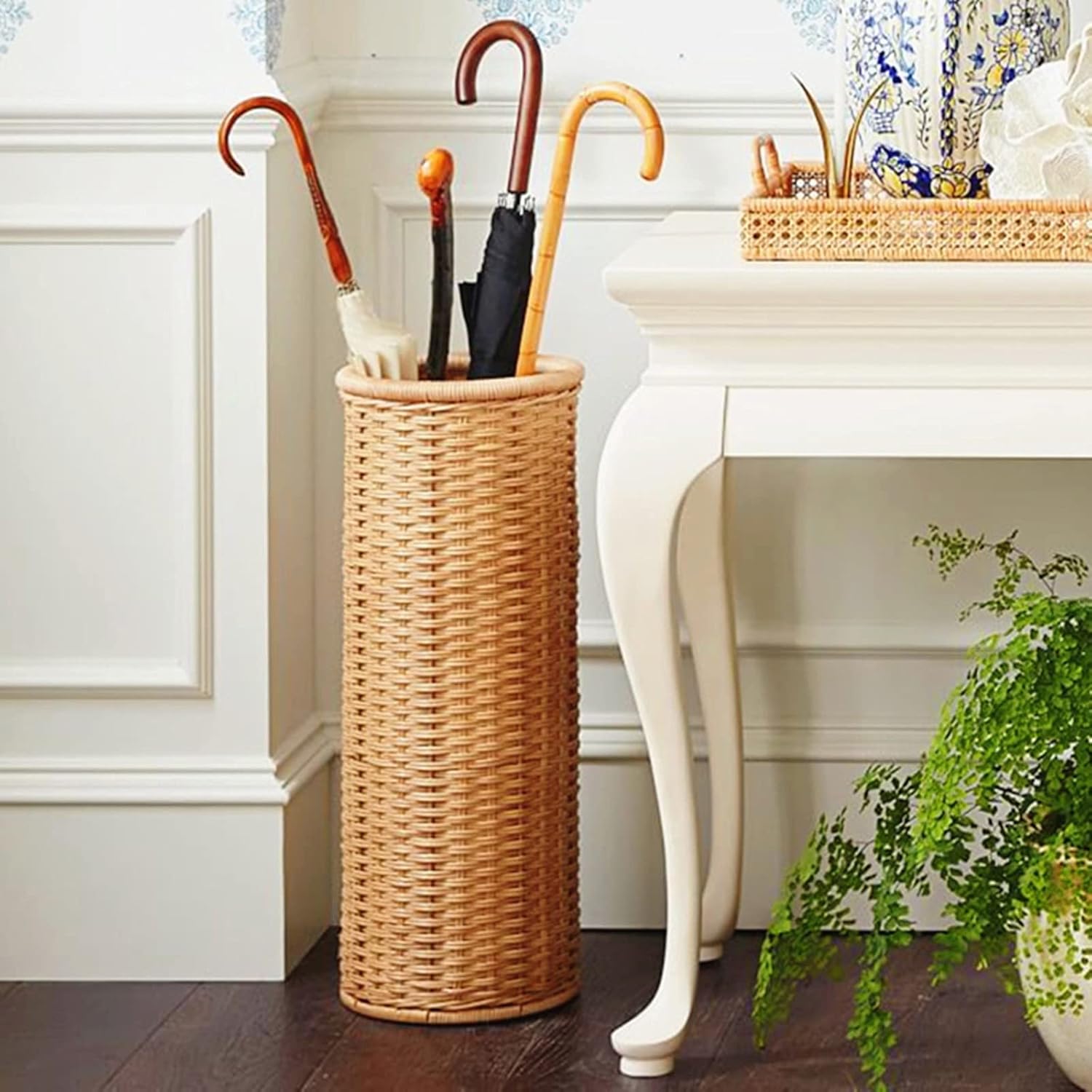 Umbrella Stand Holder Entryway Hallway Umbrella Stand Rack, Rustic Rattan Umbrella Holder/Rack, Free Standing Long Umbrellas Storage Basket Walking Sticks Stand Canes Organizer, Living Room