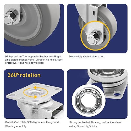 Miniatura 34 de SY America 3.5" 4 Pack Plate Caster, Thermoplastic Light Heavy Duty Rubber Gray Swivel Caster, Top Plate Casters, 1200 lbs Total Capacity