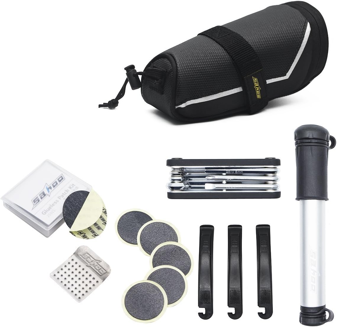 Jelegan Bicycle Repair Tools Set, 7 in 1 Set, Bike Maintenance Fix Tools with Saddle Bag, Mini Pump, Tyre Inflater, Patch, Crowbar, Chain Splitter
