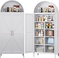 JAORD Metal Arched Pantry Cabinet with 6 Adjustable Shelves, Farmhouse White Storage for Kitchen Living Room Bedroom 72.8H