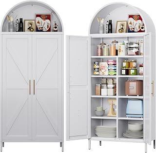 JAORD Metal Arched Pantry Cabinet with 6 Adjustable Shelves, Farmhouse White Storage for Kitchen Living Room Bedroom 72.8H