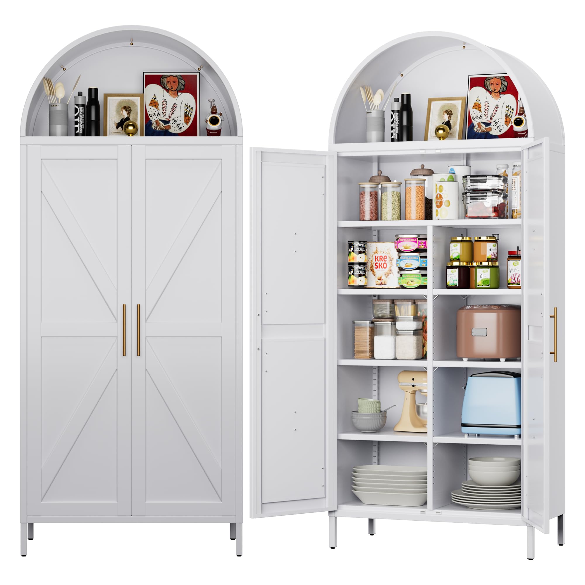 JAORD 72.8 inch White Metal Arched Pantry Cabinet