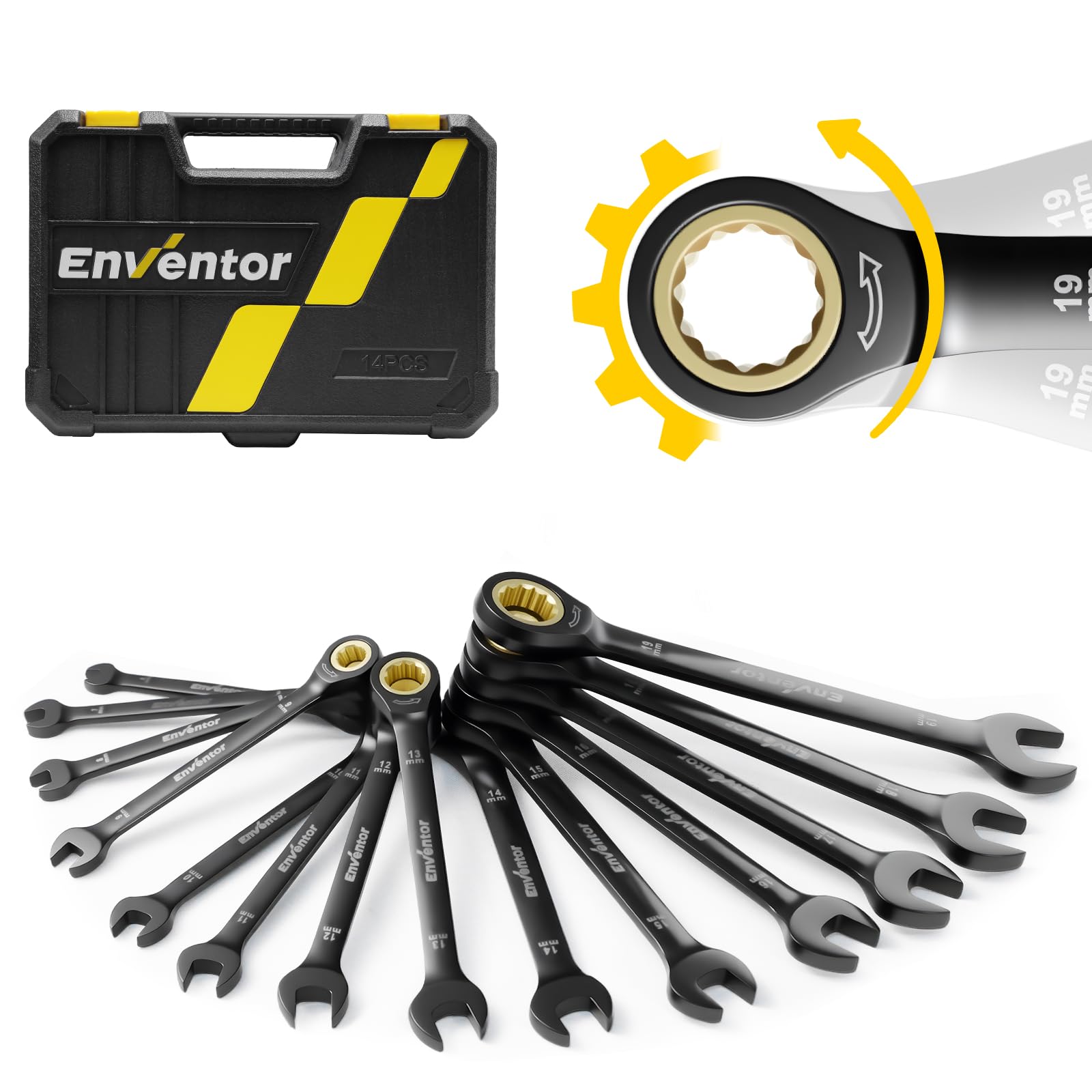ENVENTOR ラチェットレンチセット 固定ヘッド 14本組 6~19mm 72ギア コンビネーションレンチ ブローケース付き ブラック