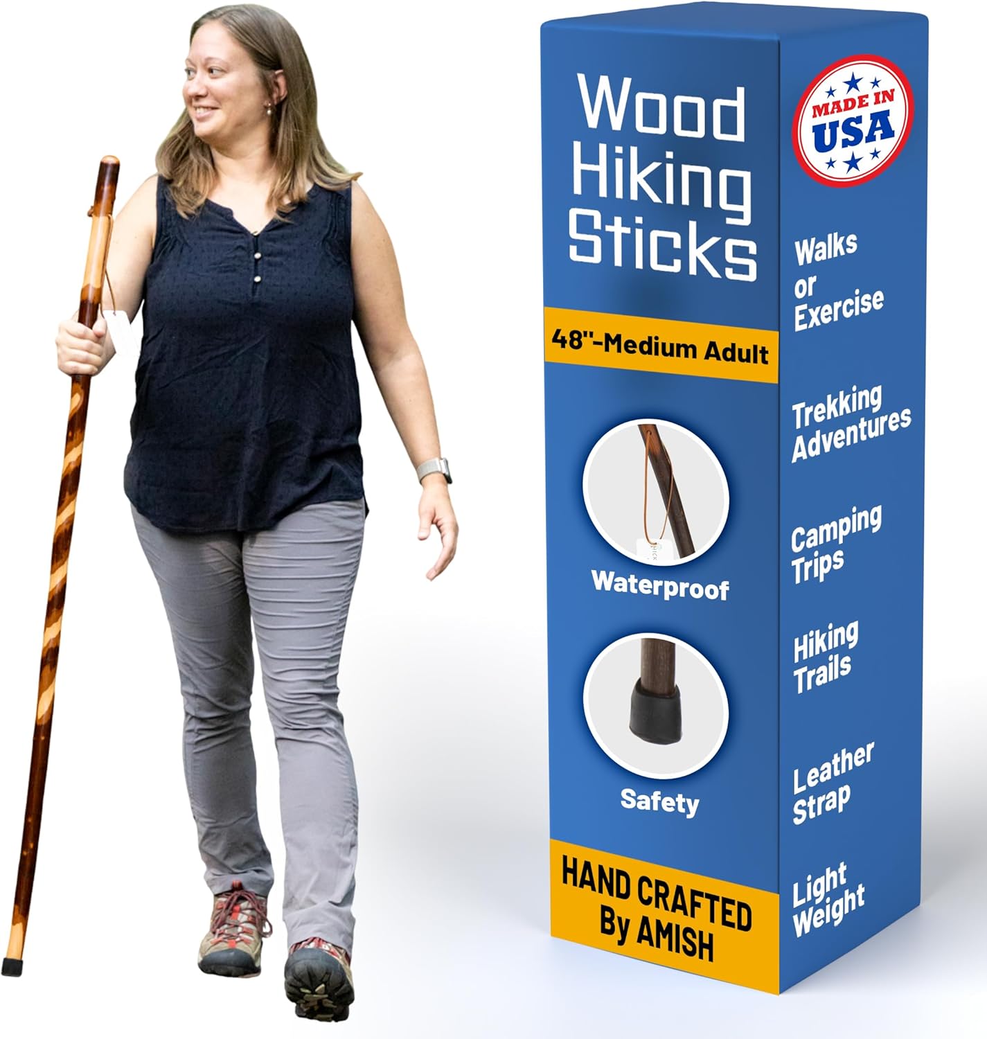 Handmade Wooden Walking Cane for Men Women Seniors with Genuine Leather Wrist Strap for Hiking, Walking and Outdoor Trekking - Made in USA