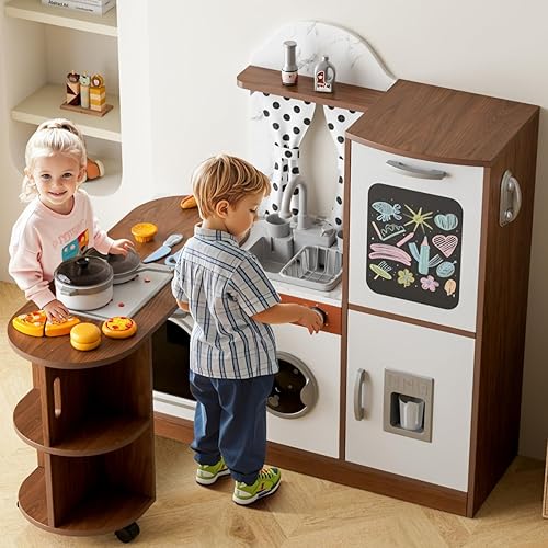 Juego de cocina para niños pequeños, cocina de juguete de madera con mesa giratoria, juego de cocina para niños de esquina para niñas y niños a