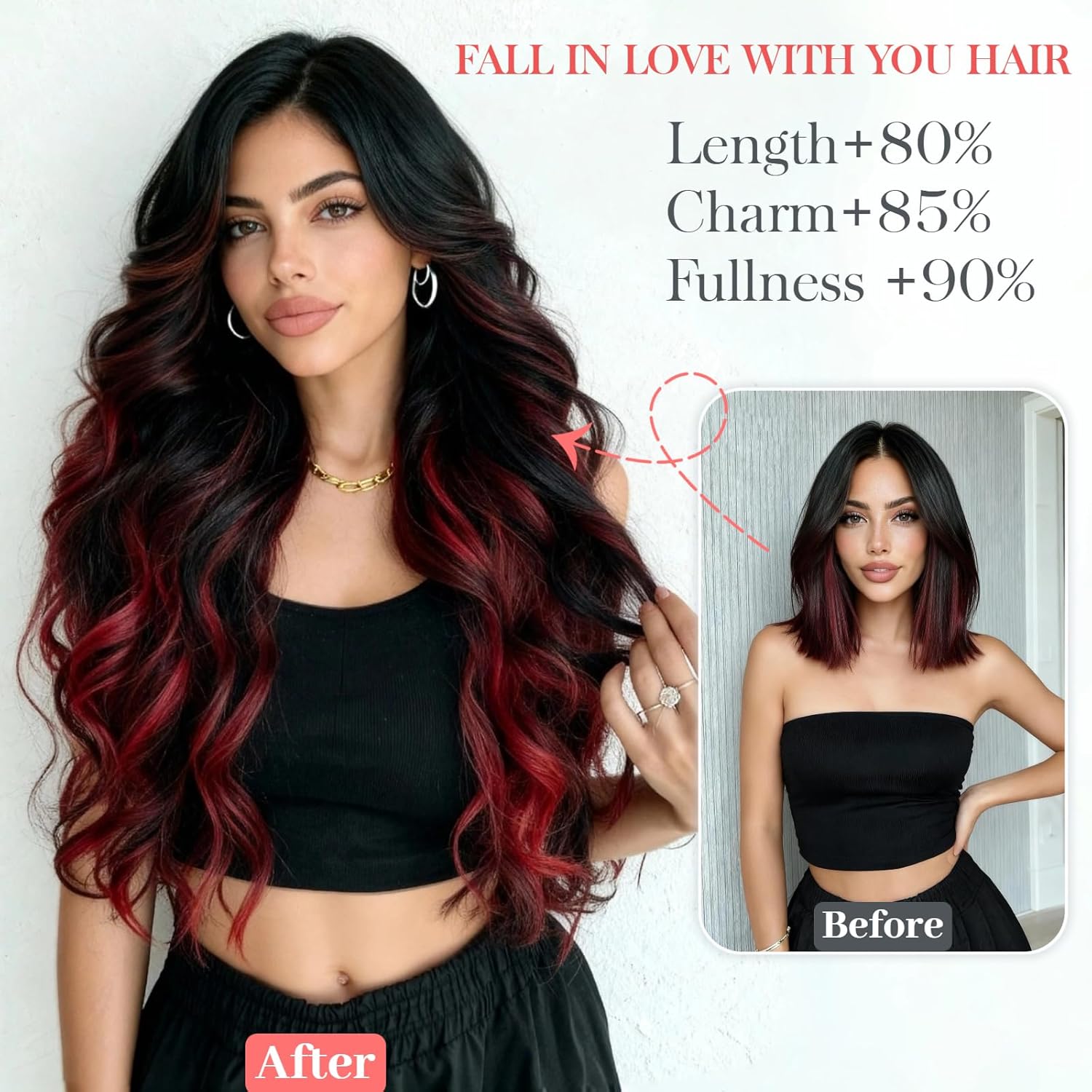 25 Inch Clip in Hair Extensions for Women Long Wavy Synthetic Hair Extension 4PCS Thick Hairpieces Natural Soft Clip On Extensions Invisible Volumizer Clips Ins for Thin Hairs Black Mix Red