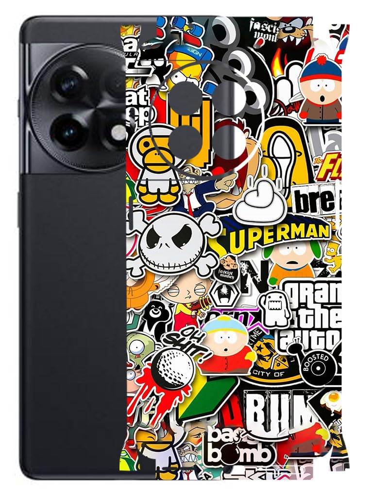 atodds - full body back screen guard protector film - lamination wrap skin sticker for oneplus 11r (5g) | scratchproof matte finish (design - sticker bomb)