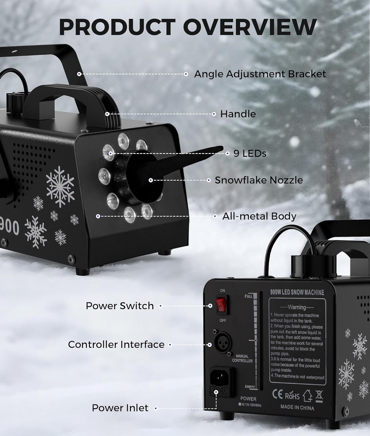 IMONE 900W High Output Snow Machine with 9 LED Lights & Remote – Indoor/Outdoor Artificial Snow Maker for Christmas, Parties, Parades – Heavy Duty Snowflake Machine