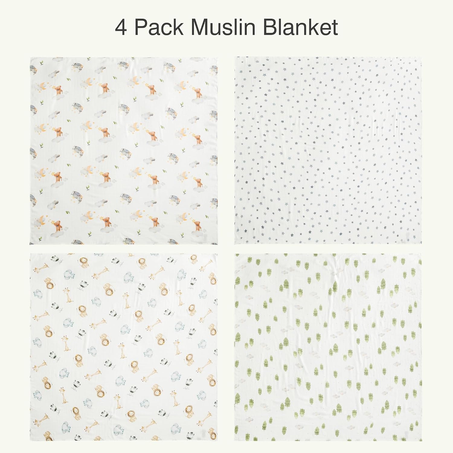 Muslin Baby Swaddle Blankets, 4-Pack 47x47 inches, Breathable 100% Rayon from Bamboo Receiving Blanket, Shower & Registry Gift (Watercolor Animals/Grey Stars/Bear & Stars/Forest Clouds)
