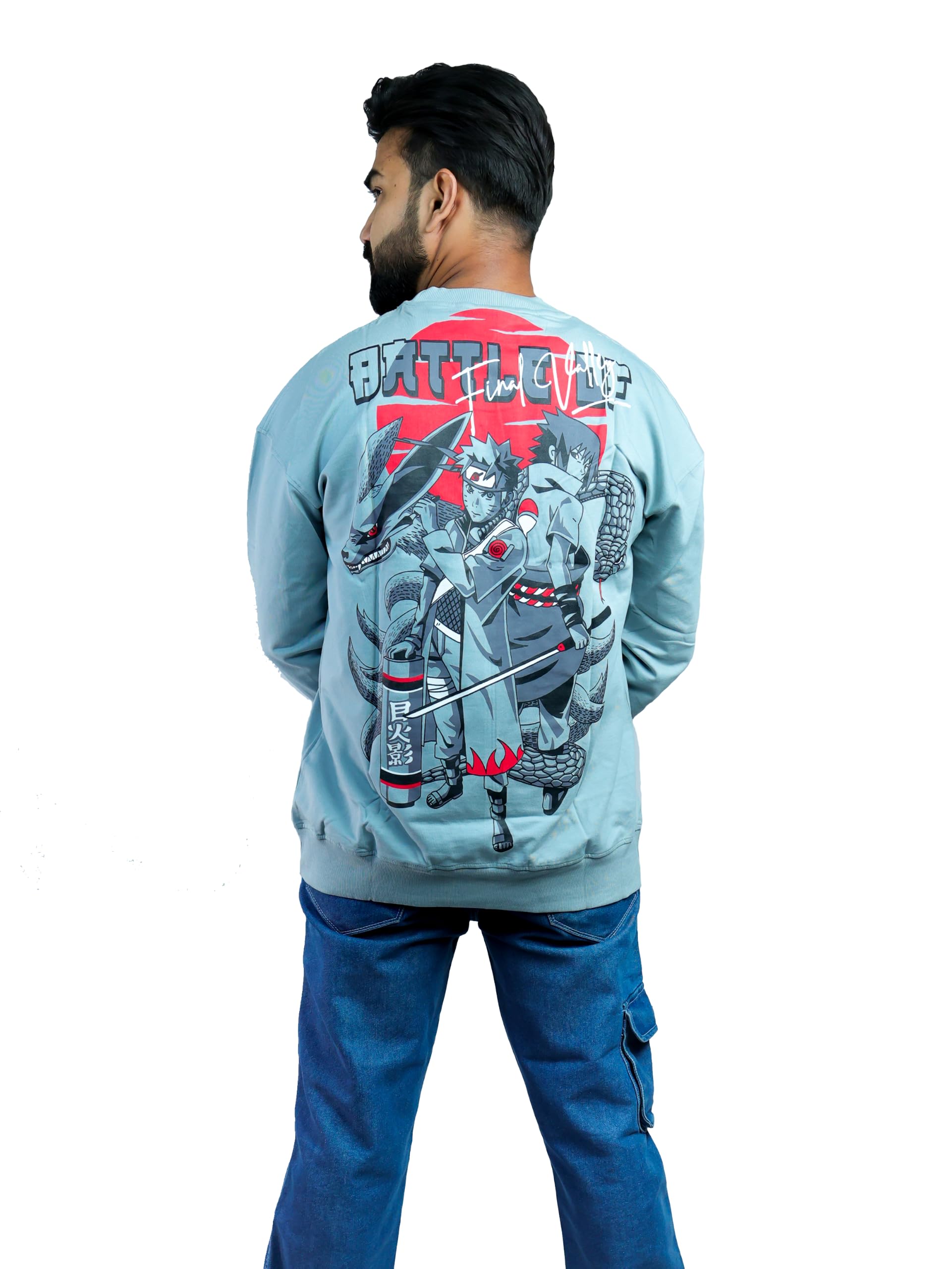 Naruto Shippuden Men and Boys Long Sleeves Round Neck Winter Wear Grey Graphic Printed 220 GSM Cotton Oversized Sweatshirts-image-11