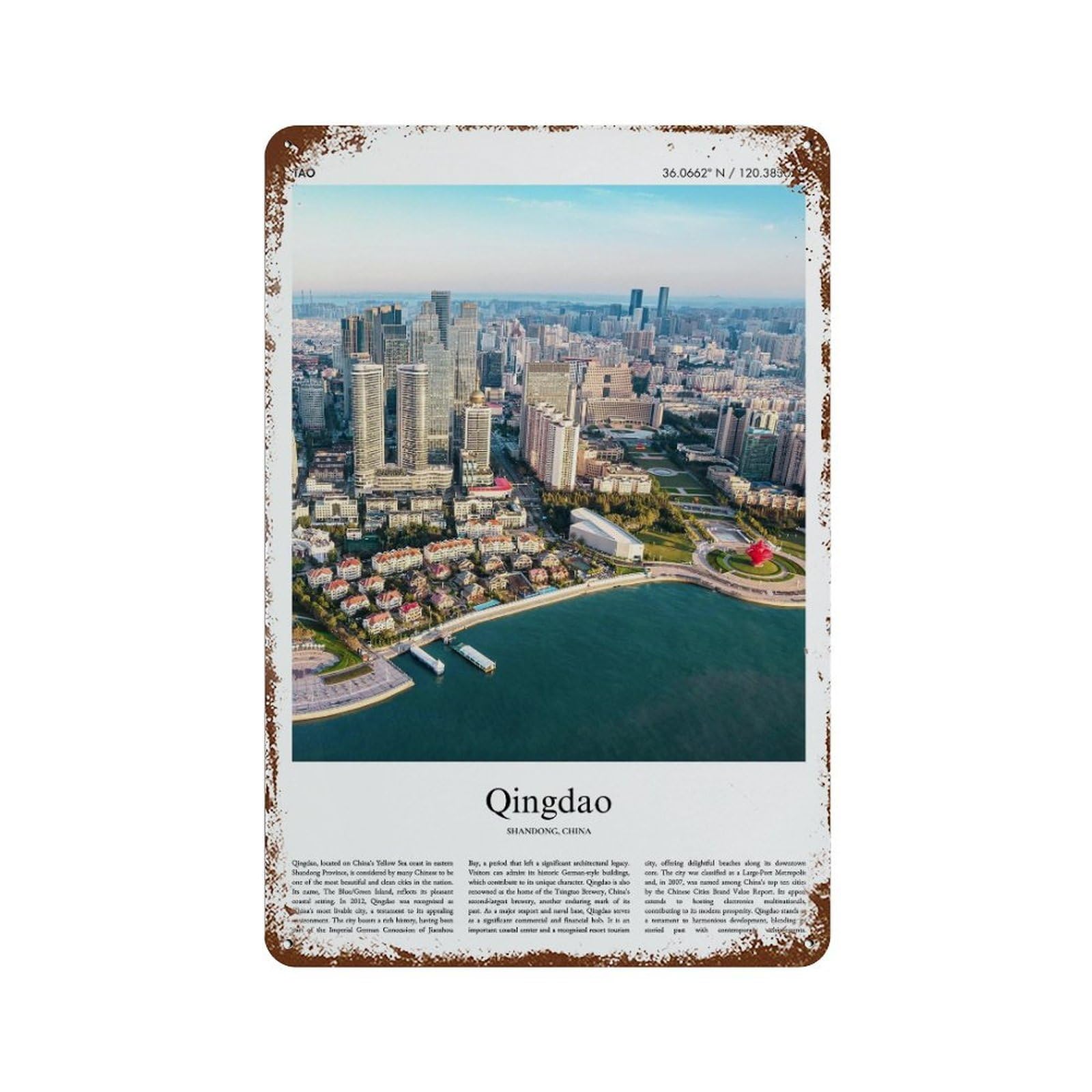 xiaoxiaoshen Qingdao Shandong, China City Scenery Wall Decor Art Metal Tin Poster Modern Home Decor Art Home Bar Shop Decorations Vintage Sign 30x20cm