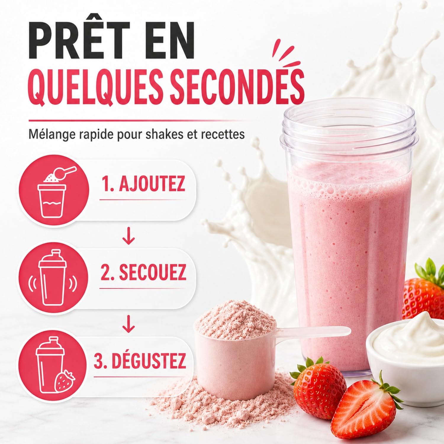 Whey protéine en poudre 1 kg, saveur yaourt fraise | 77% de protéines | Shake crémeux, faible en graisses et en sucres | Sans gluten | Pour l’entraînement quotidien