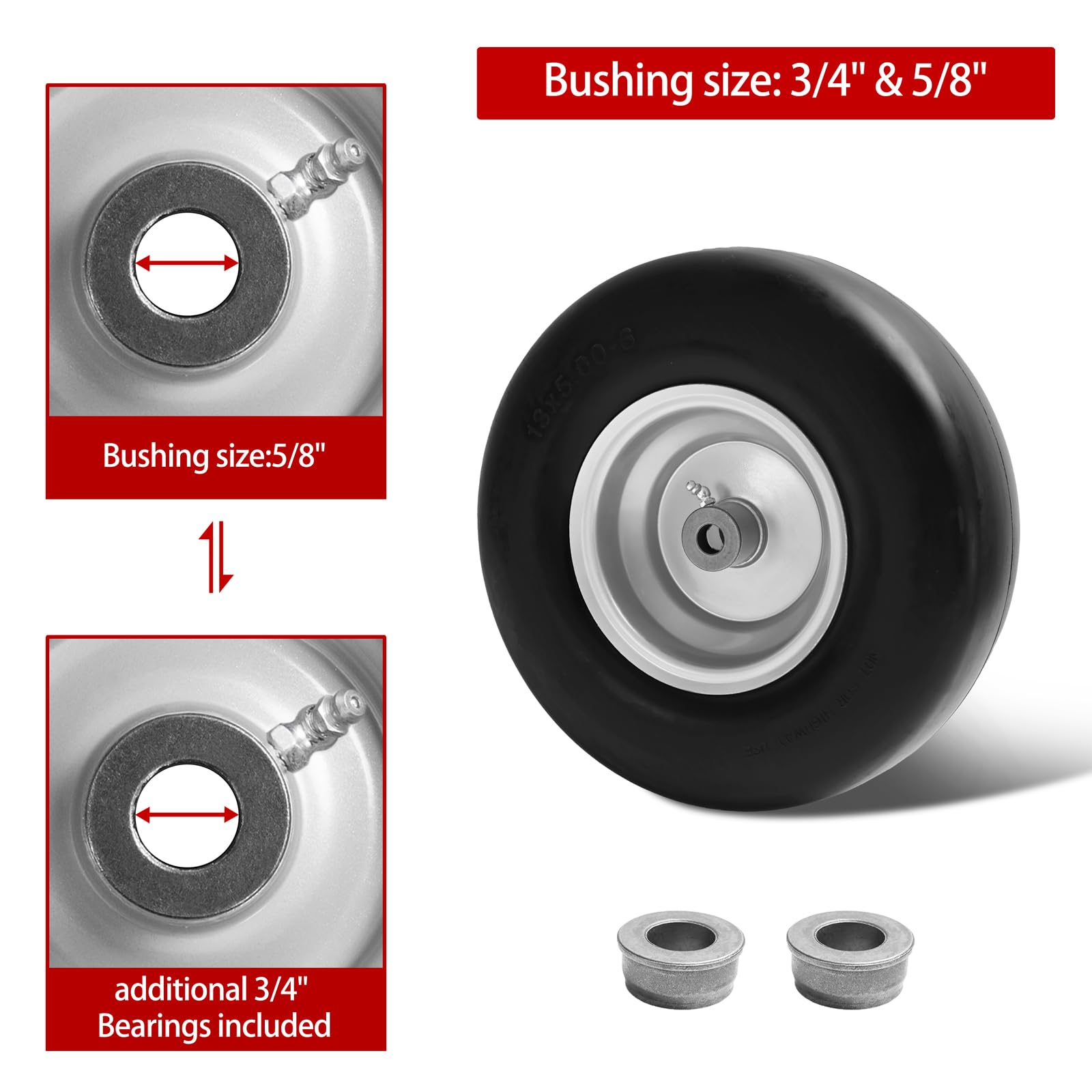 Montaje de rueda y neumático de cortacésped sin planos de 13 x 5.00-6, compatible con cortacéspedes de giro cero, con bujes de grasa de 3/4 y 5/8 pulgadas y un cubo centrado de 3.25 a 5.9