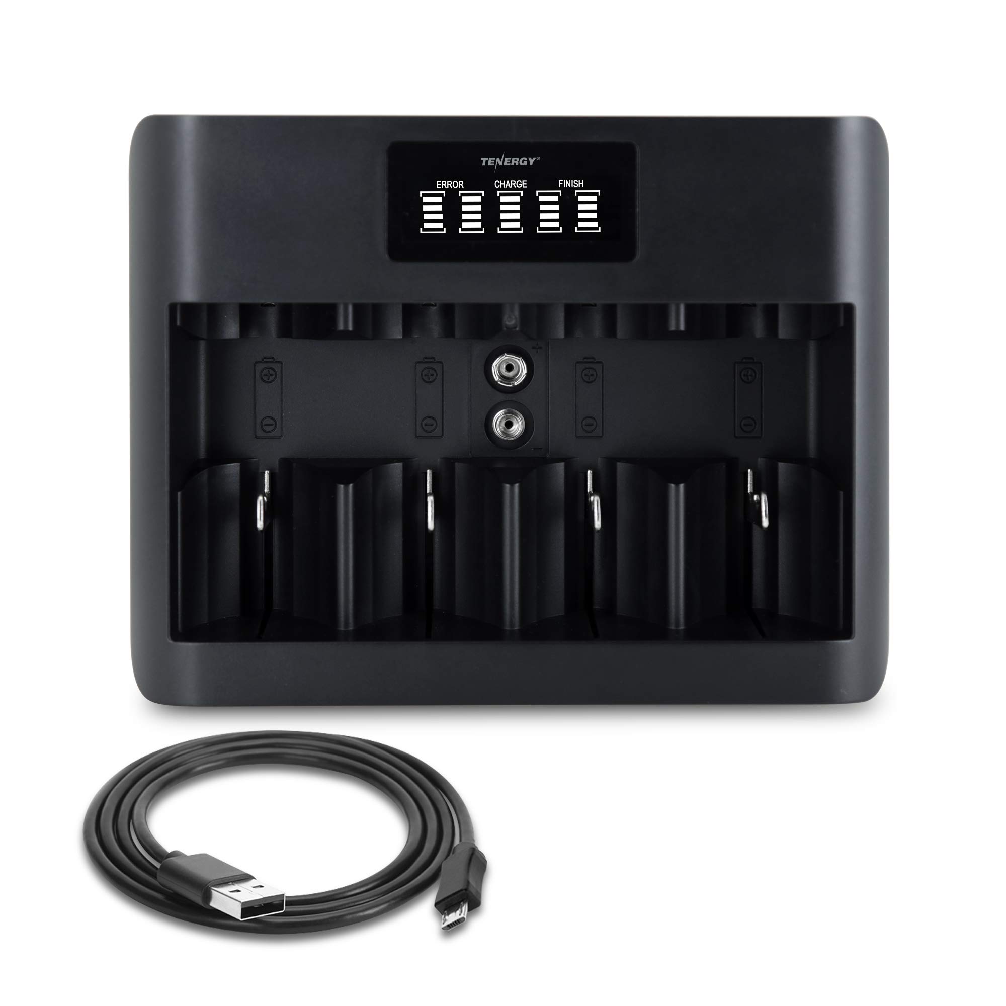 Tenergy TN486U Cargador de batería Universal de 5 bahías con LCD, Entrada Micro USB/Tipo C, para baterías Recargables AA, AAA, C, D y 9V