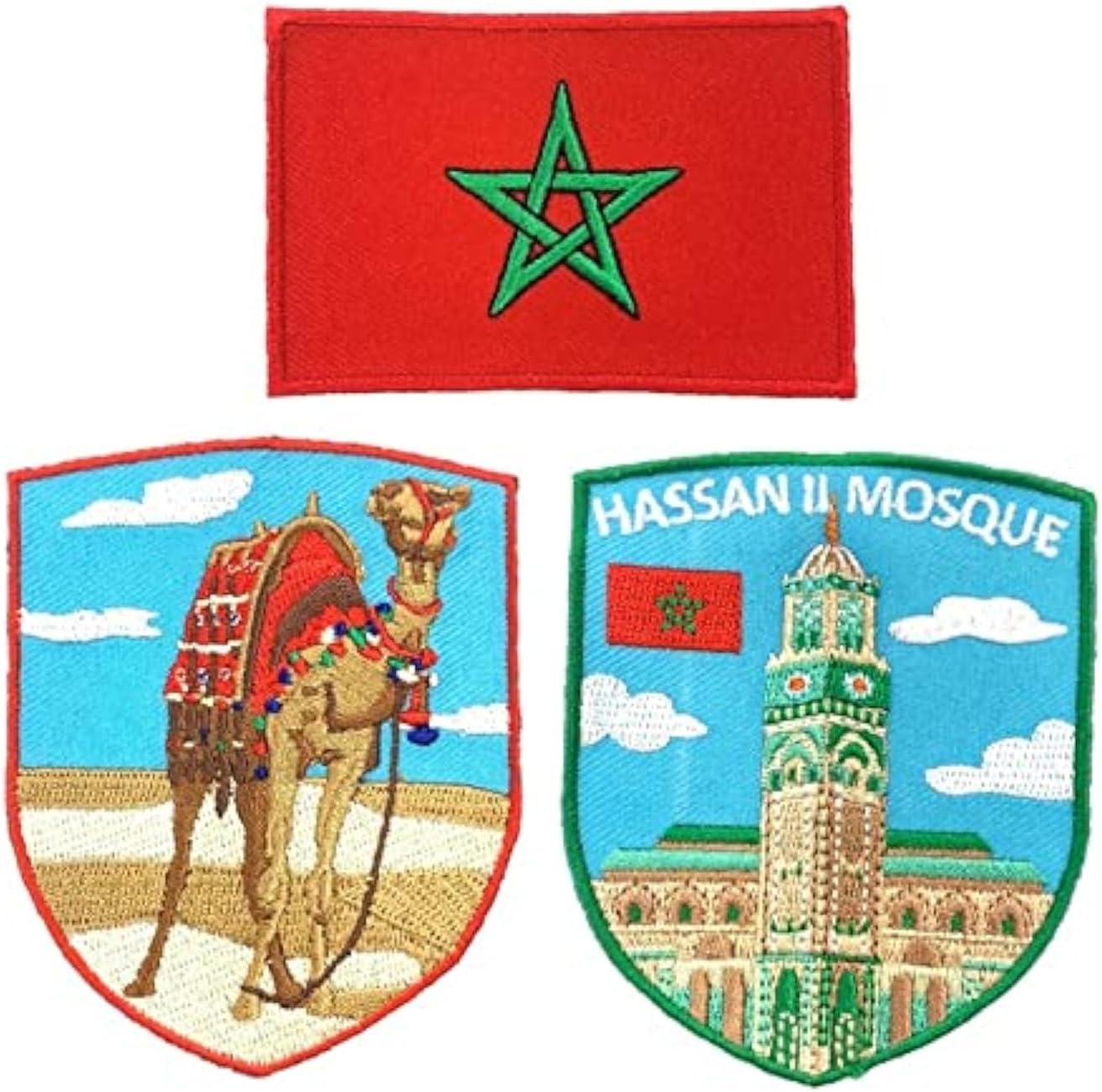 A-ONE 3 PCS Pack-Camel Embroidered Patch and Hassan II Mosque Shield Patch+Morocco Flag Emblem, Sew on Iron on Jeans Shirts Hats, Vintage Patch, Outdoor Patch, Travel Souvenir NO.359CCL