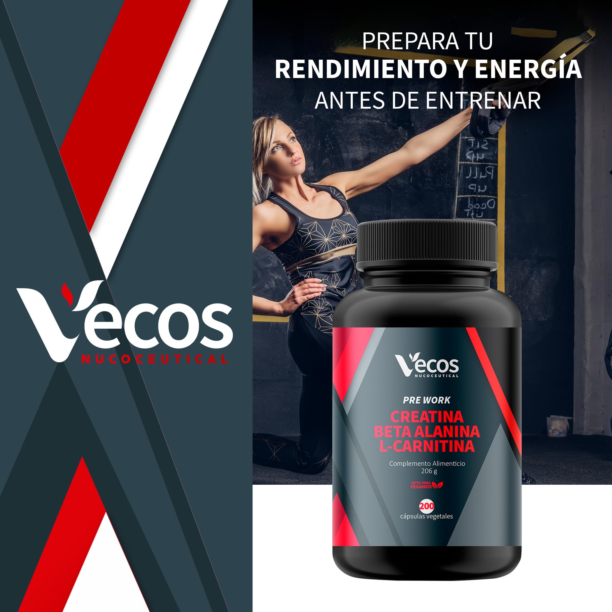 Pre Entreno con Creatina, Beta Alanina y L-Carnitina | Cápsulas Vegetales | Contribuye a Aumentar la Masa Muscular y la Fuerza | Aporta Energía Extra