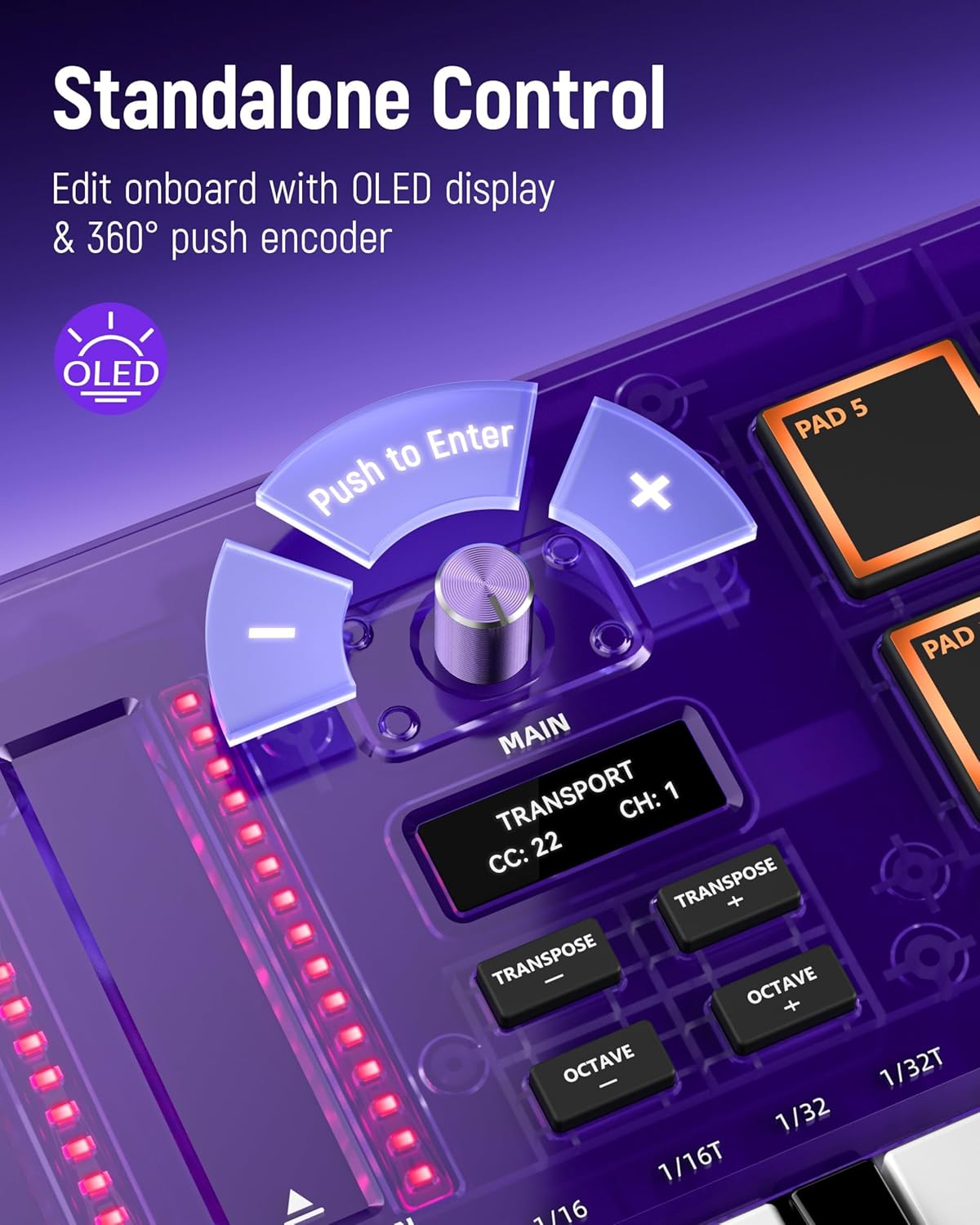 Synido USB C MIDI Keyboard Controller 25 Keys with 8 Backlit Drum Pads, OLED Screen, Portable MINI MIDI Keyboard for Music Production – Purple, TempoKEY K25