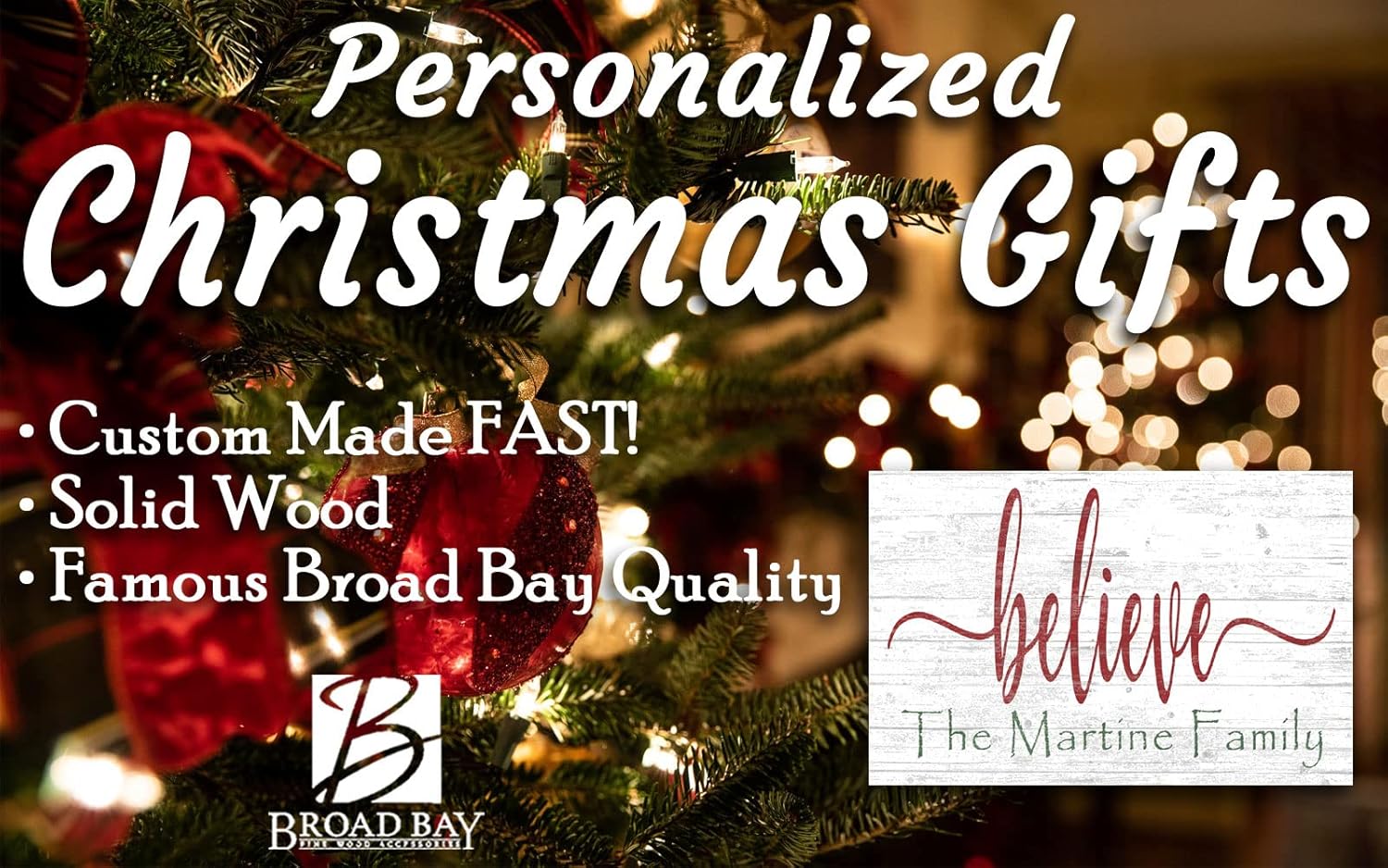 BELIEVE Christmas Sign with Personalized Name - Solid Wood - Custom Family Holiday Wall Decoration - 16.5in x 10.5in
