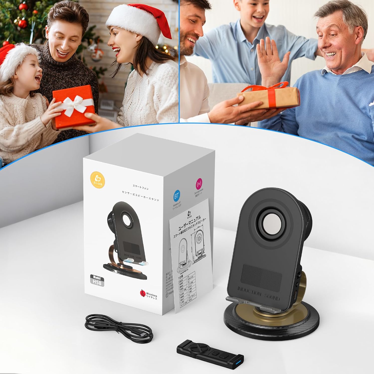 Cell Phone Stand with Instant Wireless Induction Bluetooth Speaker(Video Control/Camera Control), Portable Bluetooth Speaker for Home and Outdoors, All Day Playtime, Compatible with iOS/Android