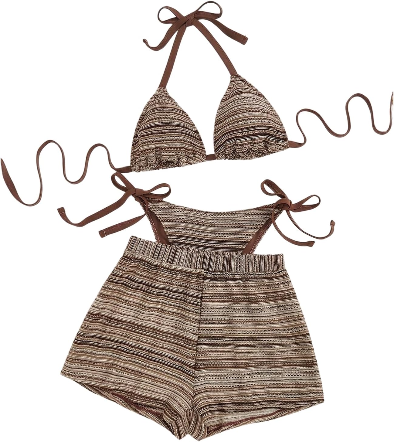 Women's Plus Size 3 Piece Swimsuits Striped Knit Triangle Bikini Set with Coverup Shorts