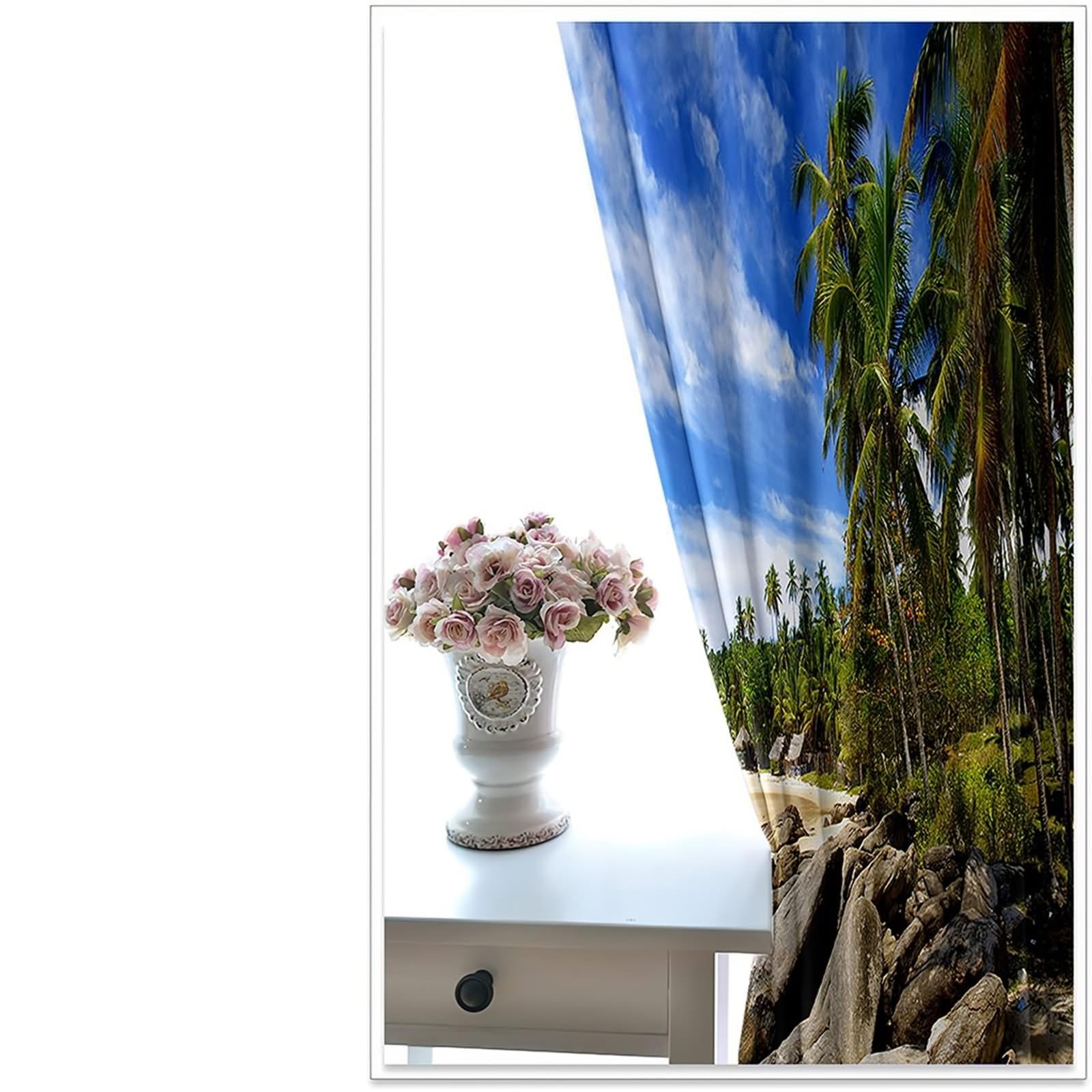 Panele zasłonowe okienne na zewnątrz, zasłony okienne boho niebieski zielony biały niebieski niebo morze i palmy kokosowe poliester 2 panele 213 x 244 cm