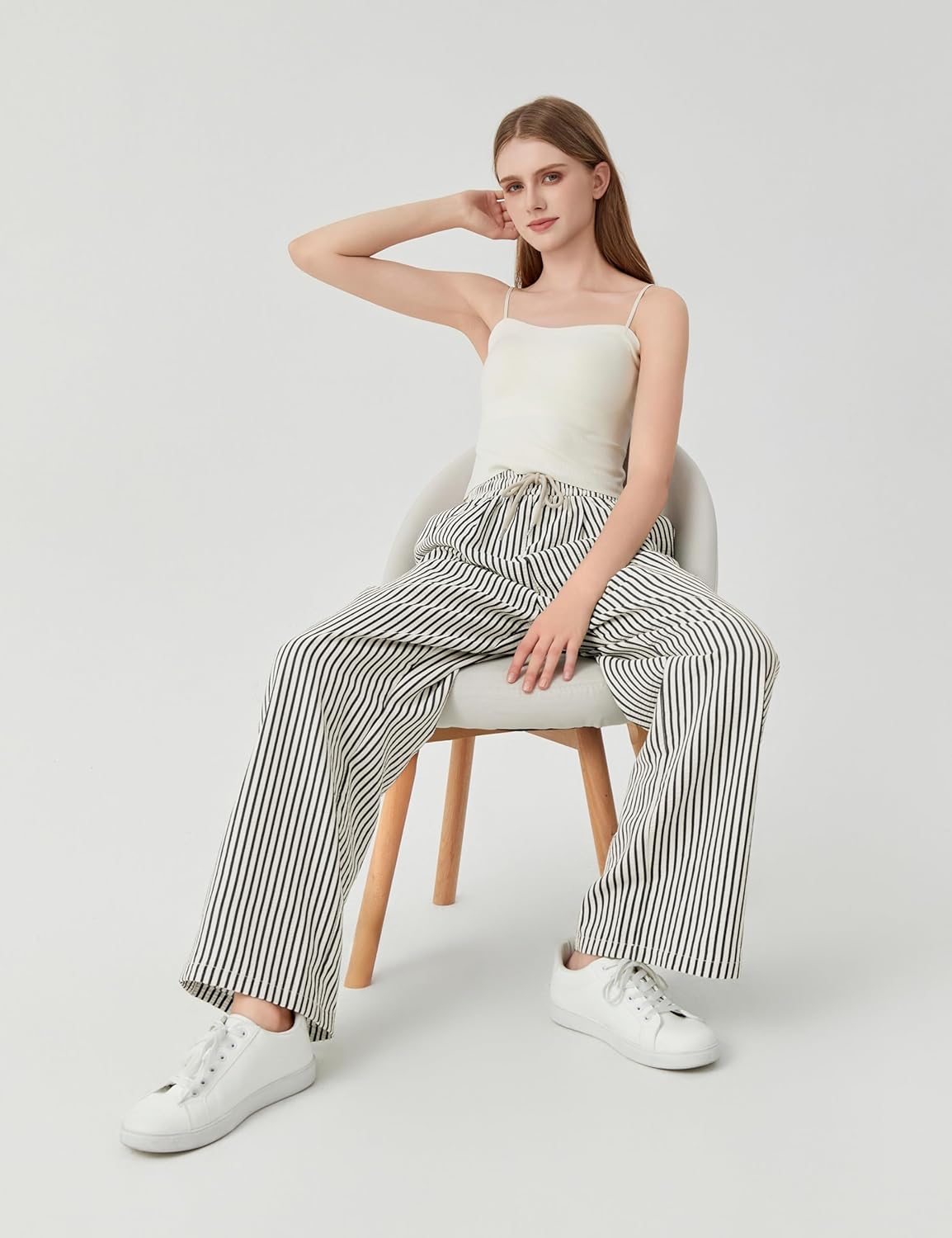 Women's Casual Striped Wide Leg Pants Y2k Drawstring Elastic High Waisted Trousers Loose Lounge Palazzo Pants - Image 6