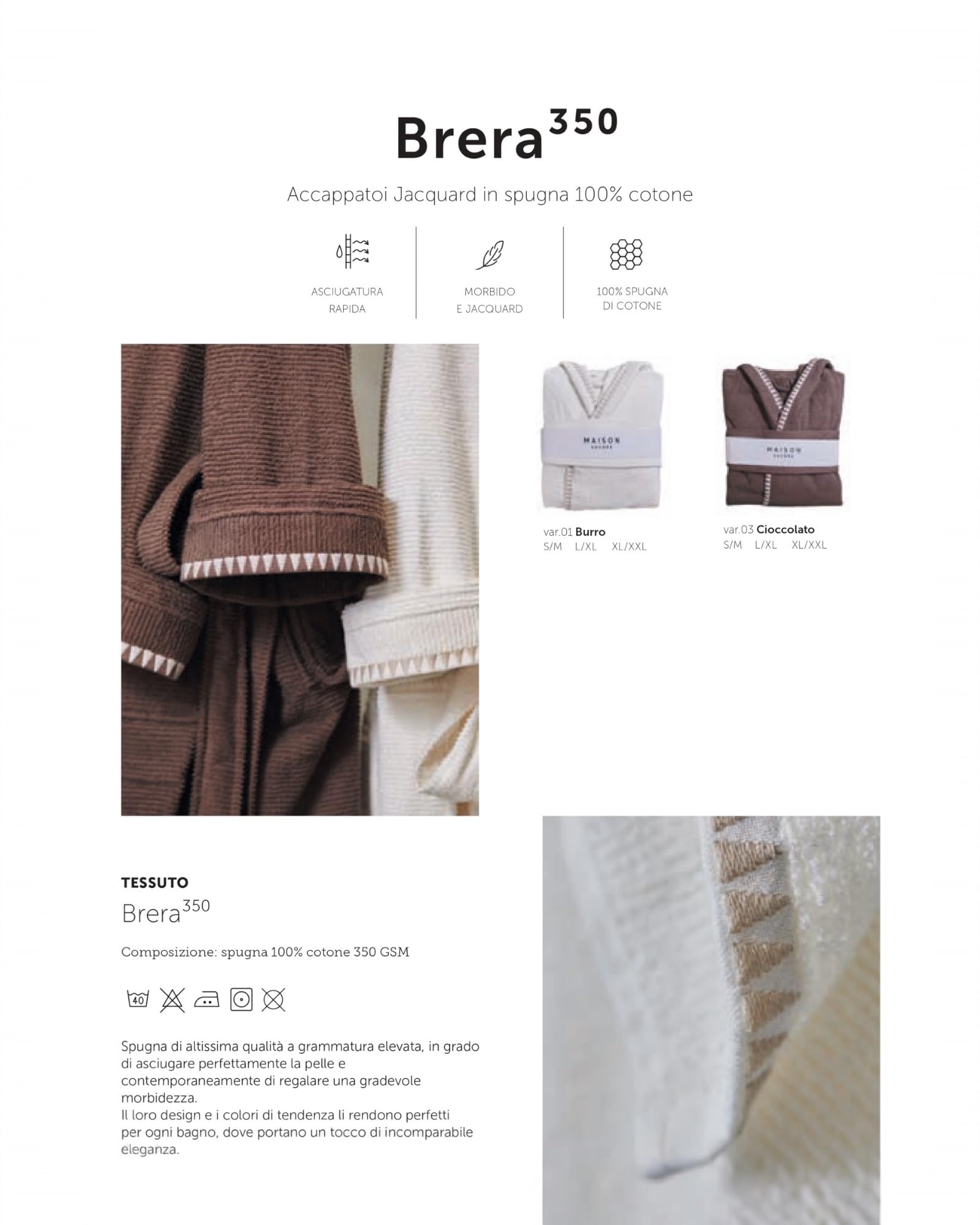 Accappatoio Unisex in Spugna 100% Cotone Art. Brera Con Cappuccio Tasche e Cintura 350 GSM Taglie S-XXL