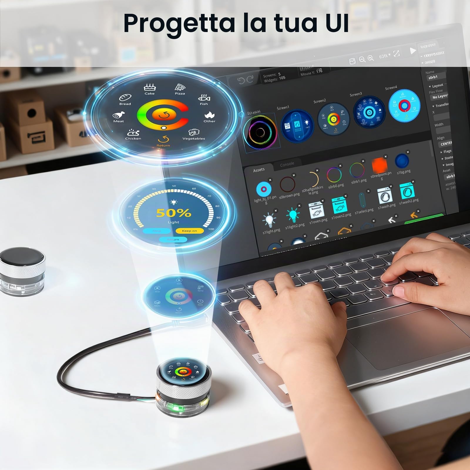 ELECROW ESP32 Rotary Display 240x240-1.28 Inch HMI IPS Round Knob Touch Display Scheda di Sviluppo, 2.4G WiFi e BLE Touch Screen Capacitivo Compatibile con Arduino IDE e LVGL Library, Argento