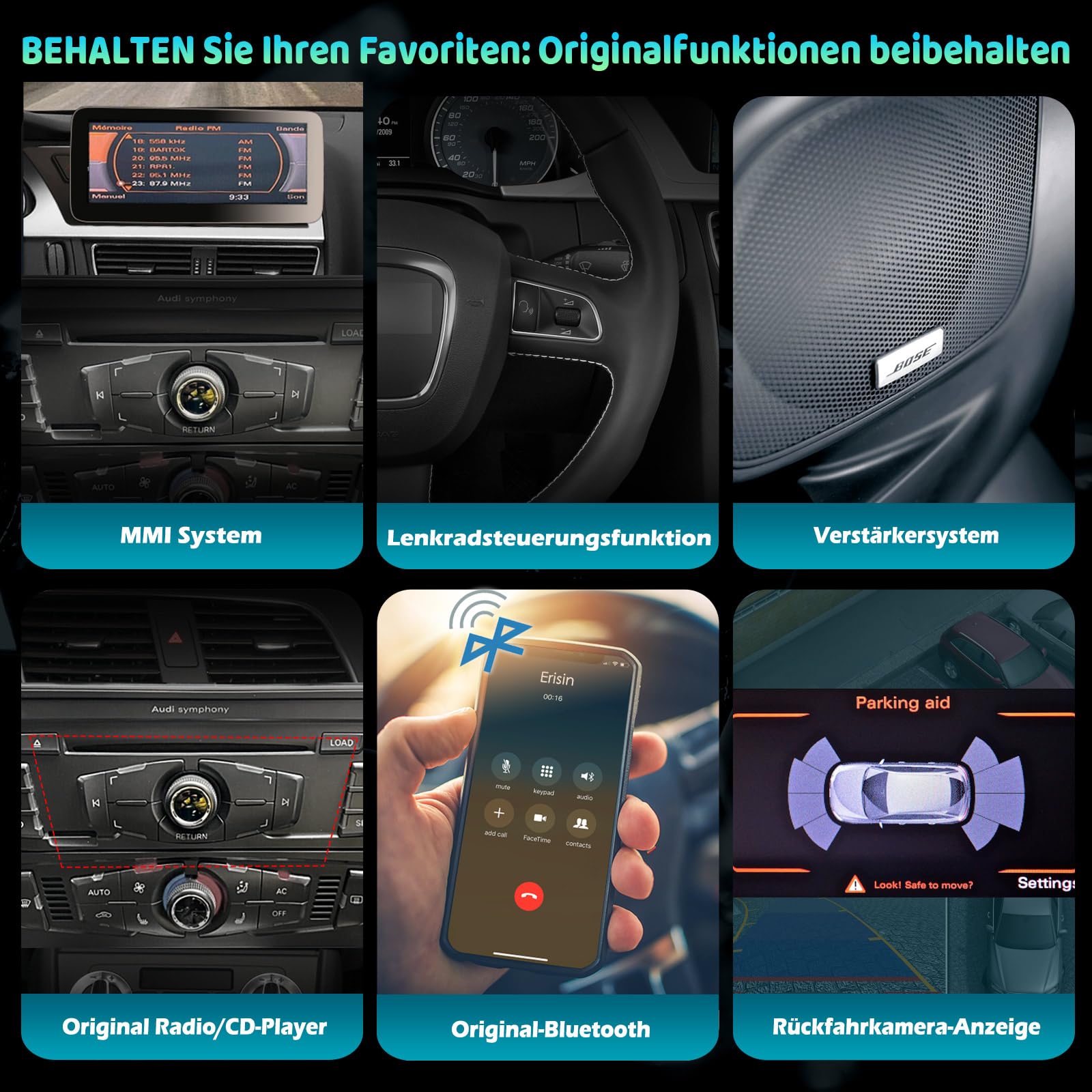 Erisin 10,25 Pollici 8-Core 4GB 64GB Android 14 Autoradio Bluetooth GPS Navigatore Per Audi A4 A5 B8 S4 S5 2009-2016 Supporto CarPlay Senza Fili Android Auto WiFi 4G DSP DAB IPS Schermo USB - View #7