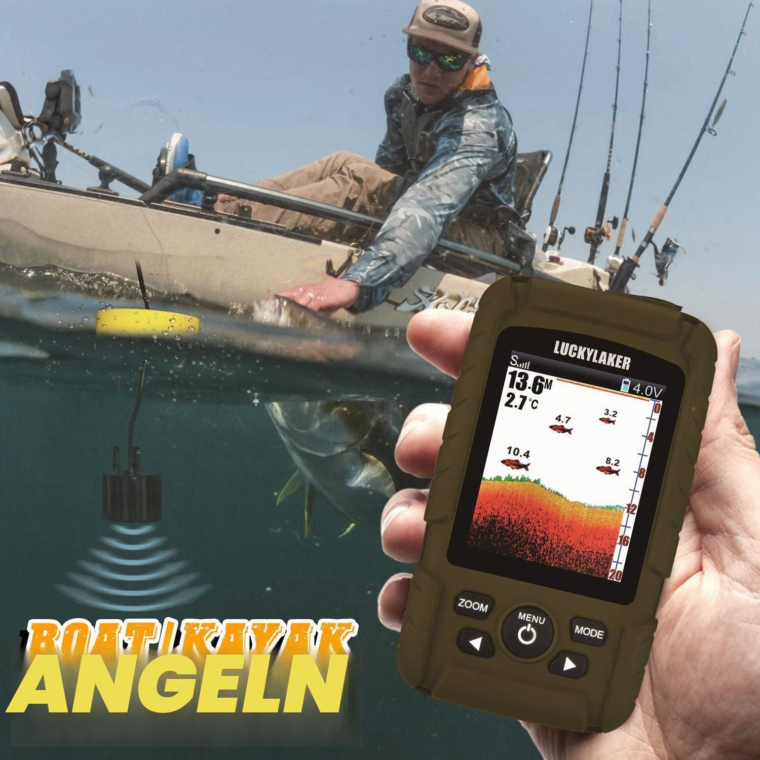 LUCKY Wasserdicht Fisch Finder Sonar Tragbarer Angeln Fischfinder LCD Tiefe Angeln Echolot Fischfinder Sonarsensor Schallkopf für Bootskajak Seefischerei 2020CT