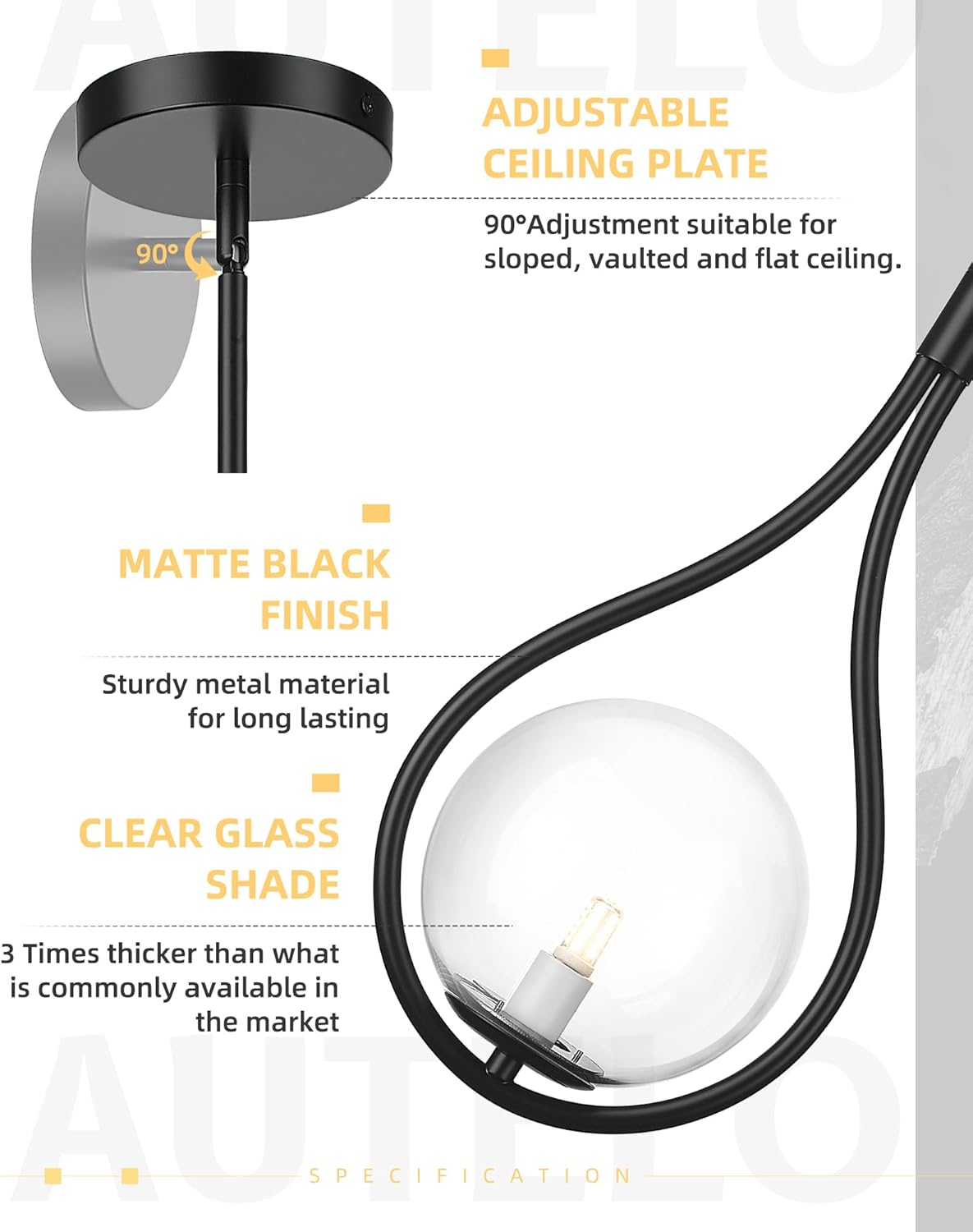 AUTELO Black Pendant Light Fixtures, 1-Light Pendant Lights Kitchen Island with Clear Globe Glass, Modern Pendant Lights, Black Hanging Lights for Kitchen Island H9377 CLBK