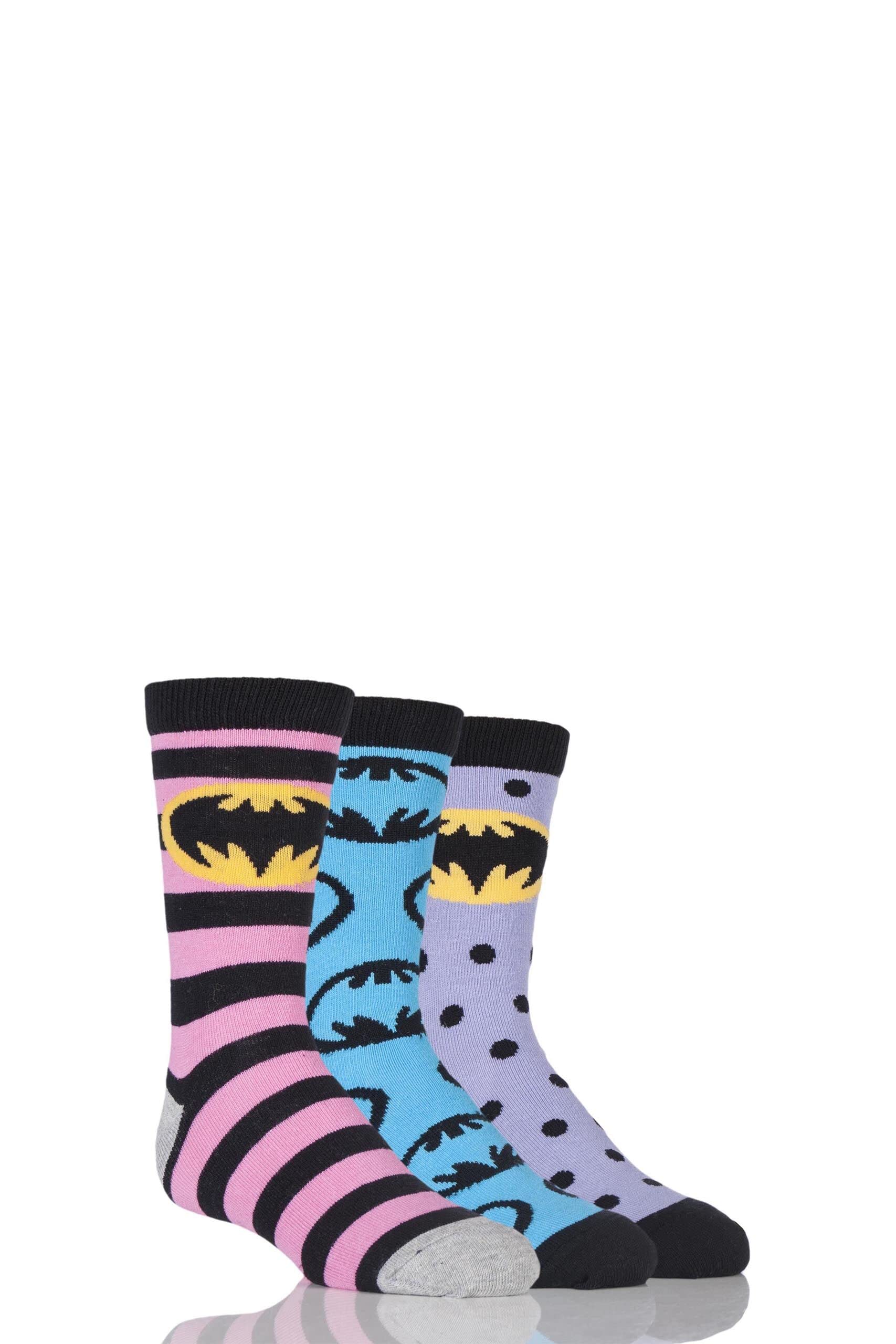 SockShop Girls 3 Pair Batman Stripe Spots and All Over Motif Cotton Socks Multi 12.5-5.5