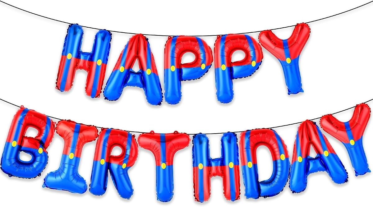 Super Bros Themed Happy Birthday Banner Party Decorations Kit with Green Red Blue Balloons, Cartoon Game Characters Theme Backdrop Supplies for Boys Kids Indoor Outdoor Celebration (Cartoon Red Blue)