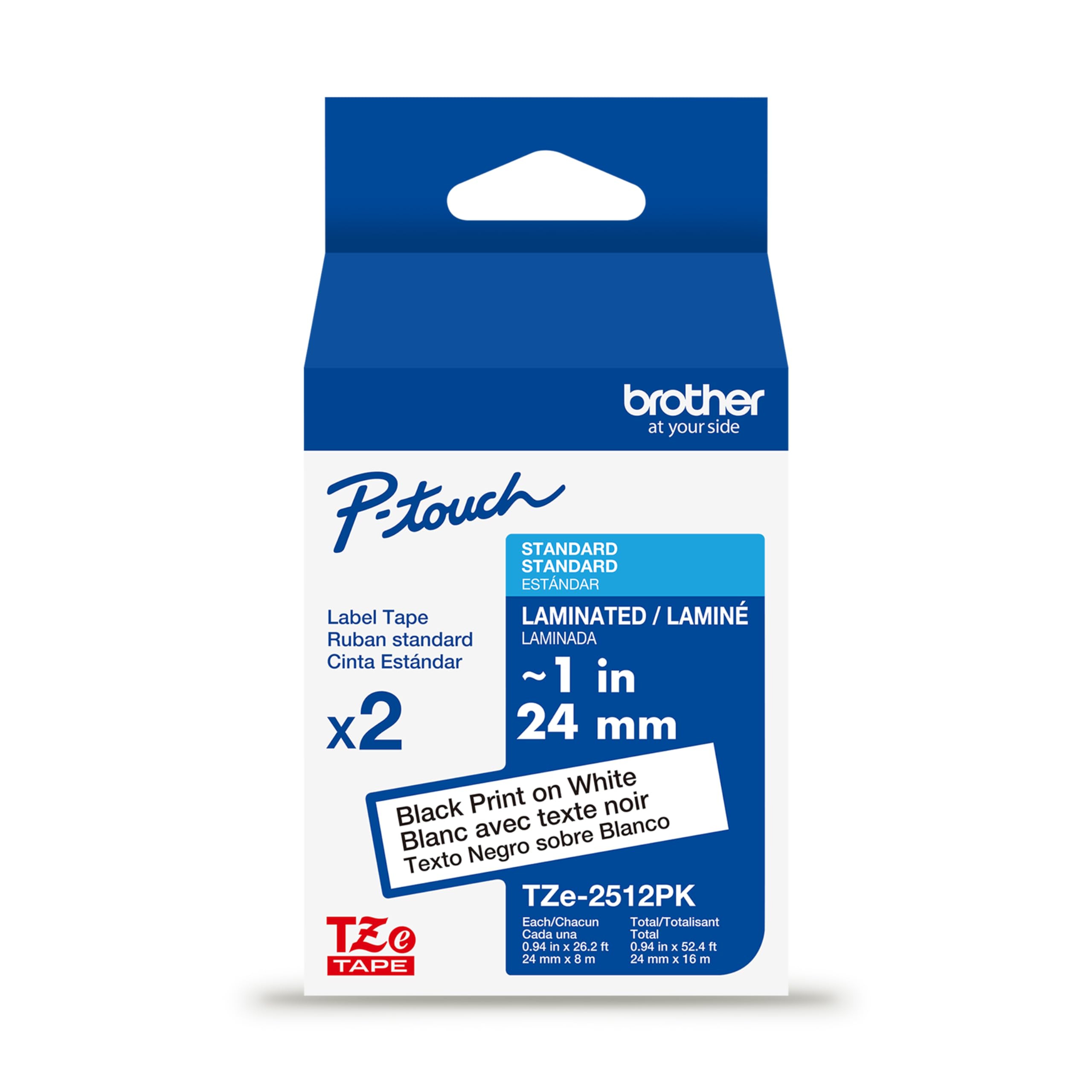 Genuine P-Touch TZe 2-Pack Black Print on White Label Tapes (TZe2512PK), Laminated,1in x 26.2ft (24mm x 8m) Each, for Select P-Touch Label Makers, Durable, Water-Resistant, Indoor/Outdoor Use