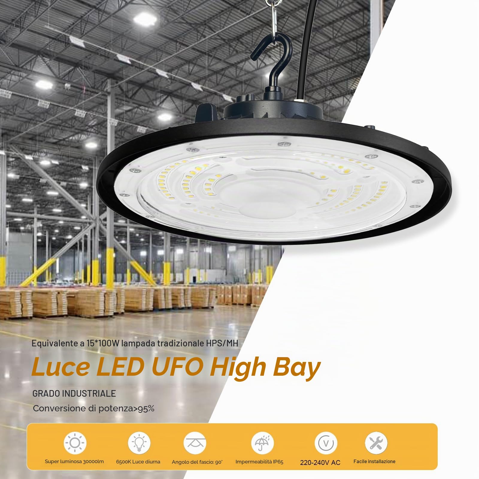 Faretto LED UFO 300W, 30000lm UFO Lampada LED Officina,6500K Bianco Freddo LED High Bay Light,IP65 Impermeabile Proiettore LED Interno Lampadario Industriale per Garage,Magazzini,Fabbrica