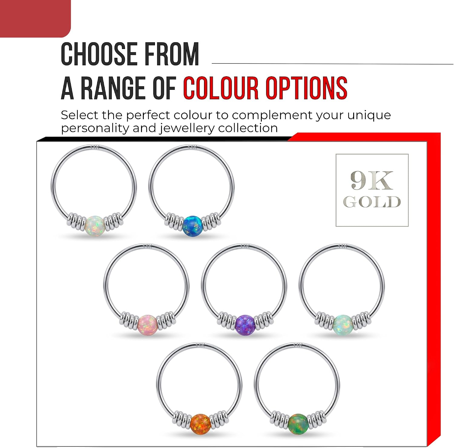 9K Solid White Gold Opal Stone with Double Spring Coil 22 Gauge (0.6mm) Hoop Nose Ring Piercing Jewelry