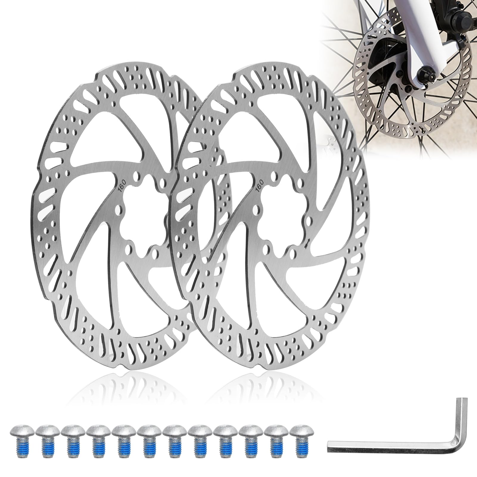2 pezzi Disco freno per bicicletta, dischi freno da 160 mm, disco freno a 6 fori, disco freno per bicicletta in acciaio inox, set con viti e chiave a brugola per mountain bike e bici da corsa