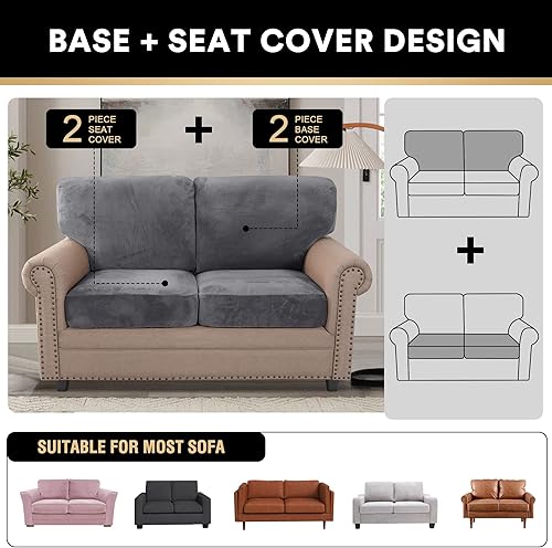 Miniatura 3 de PrinceDeco 4 fundas de sofá de terciopelo grueso de lujo (2 fundas de base más 2 fundas de cojín de asiento), fundas de sofá para sofá de 2 cojines